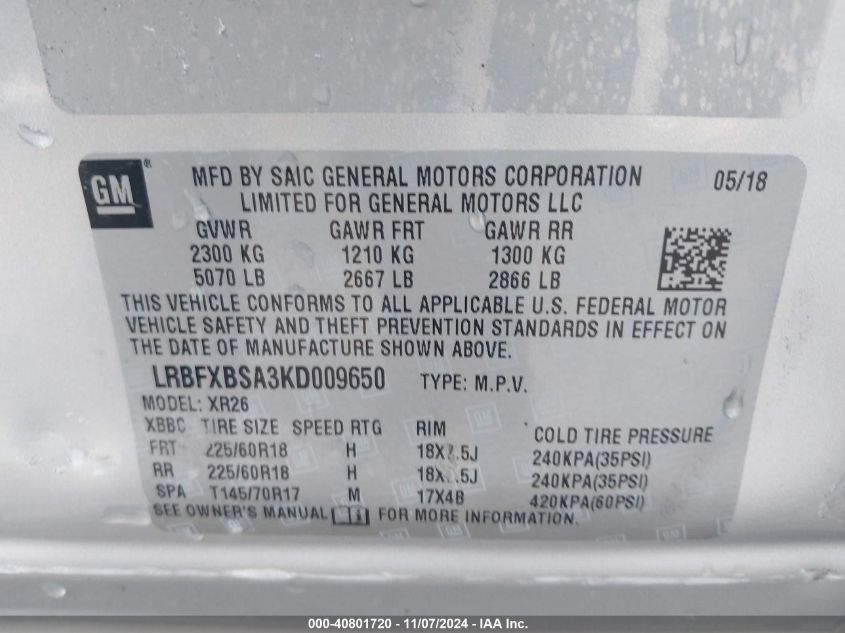 VIN LRBFXBSA3KD009650 2019 Buick Envision, Fwd Pref... no.9