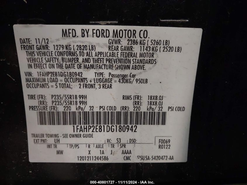 2013 FORD TAURUS SEL - 1FAHP2E81DG180942