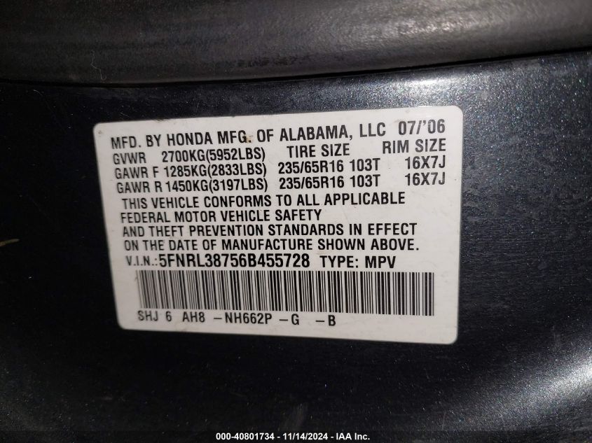 2006 Honda Odyssey Ex-L VIN: 5FNRL38756B455728 Lot: 40801734