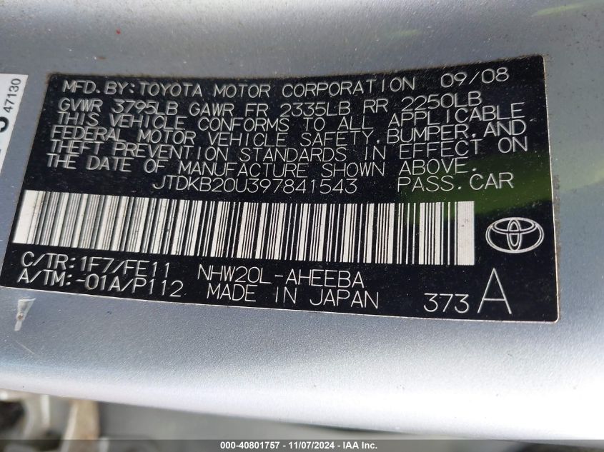 2009 Toyota Prius VIN: JTDKB20U397841543 Lot: 40801757