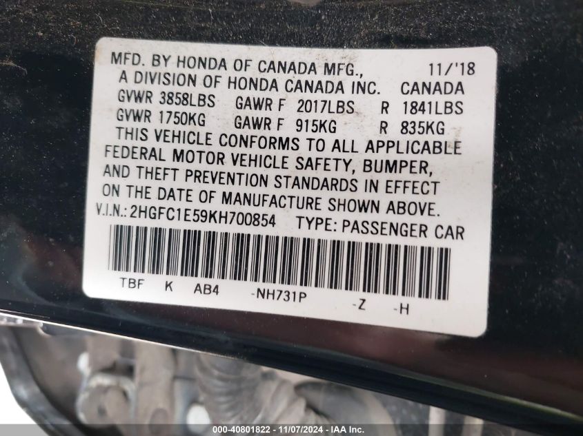 VIN 2HGFC1E59KH700854 2019 Honda Civic, Si no.9