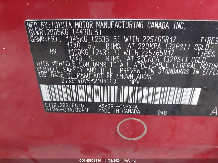 2011 Toyota Rav4 VIN: 2T3ZF4DV5BW104663 Lot: 40801830