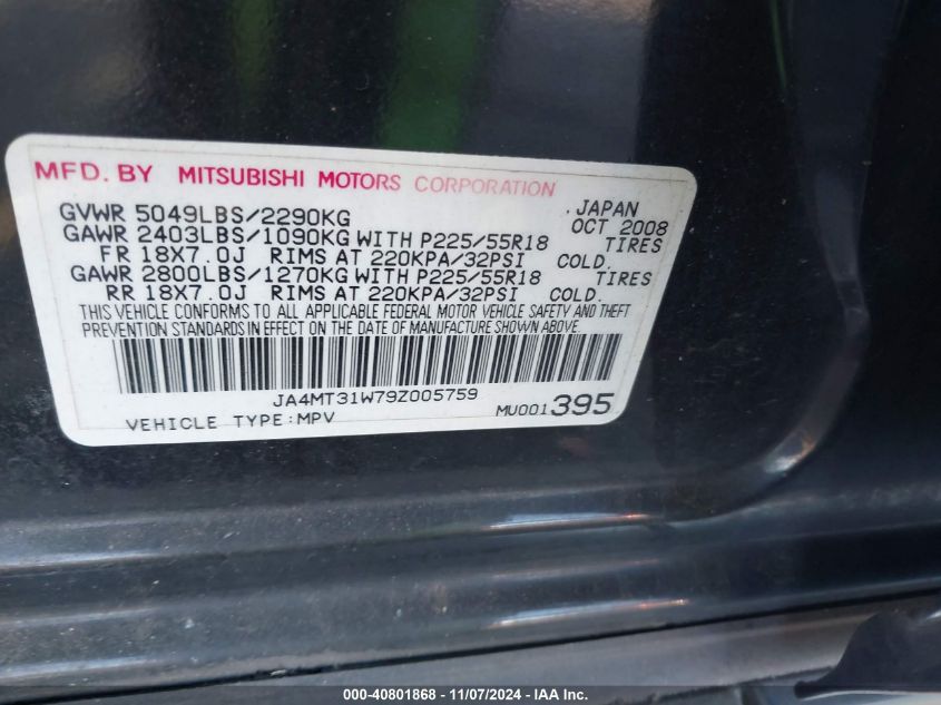 2009 Mitsubishi Outlander Se VIN: JA4MT31W79Z005759 Lot: 40801868