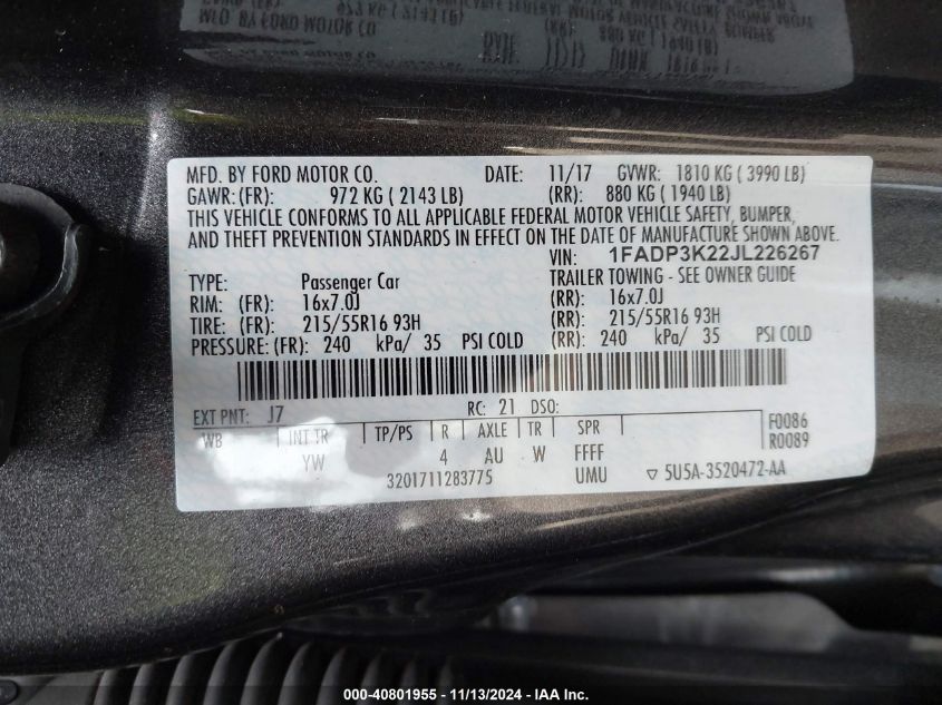 2018 FORD FOCUS SE - 1FADP3K22JL226267