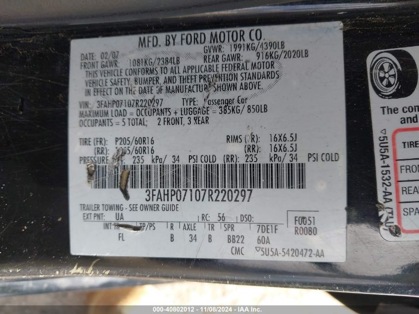 2007 Ford Fusion Se VIN: 3FAP0107R220297 Lot: 40802012
