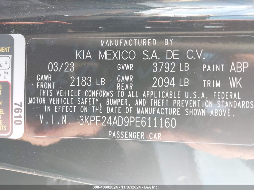 2023 Kia Forte Lxs VIN: 3KPF24AD9PE611160 Lot: 40802024