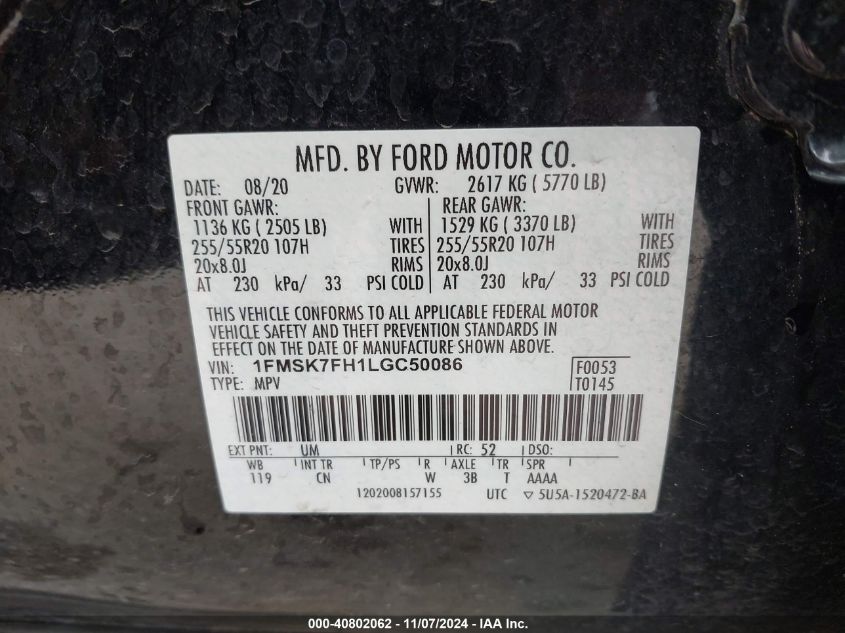 VIN 1FMSK7FH1LGC50086 2020 Ford Explorer, Limited no.9