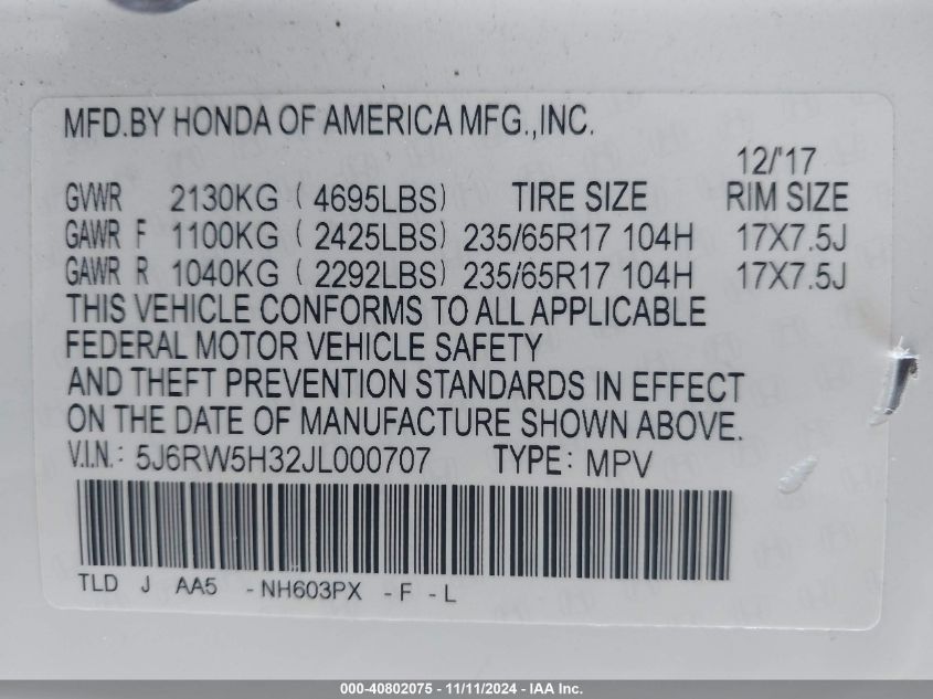 VIN 5J6RW5H32JL000707 2018 HONDA CR-V no.9