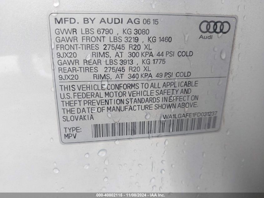 2015 Audi Q7 3.0T Premium VIN: WA1LGAFE1FD031237 Lot: 40802115