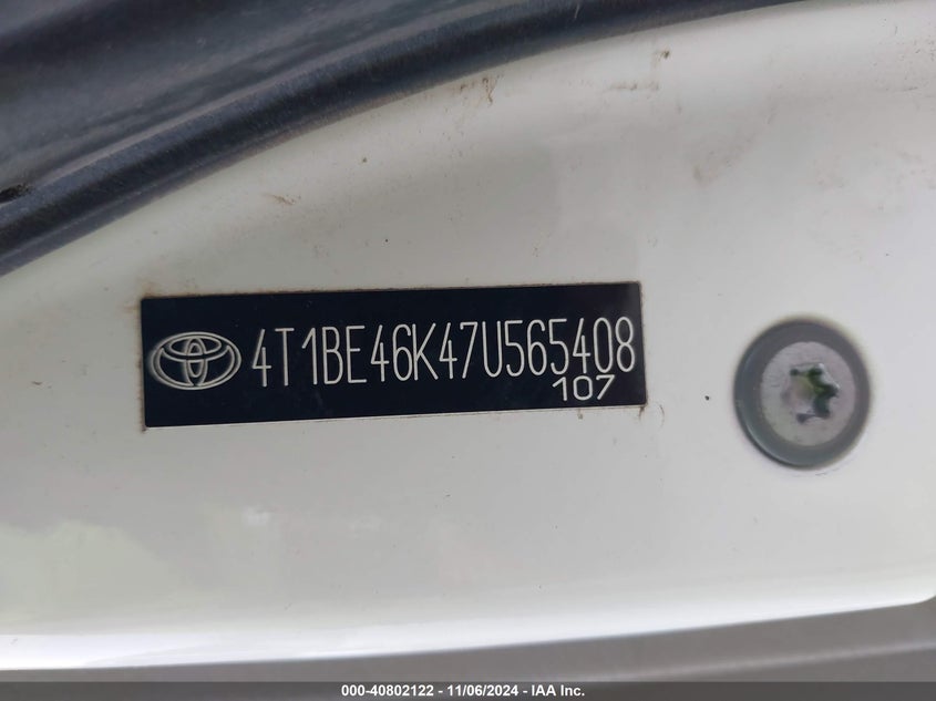 2007 TOYOTA CAMRY VIN: 4T1BE46K47U565408