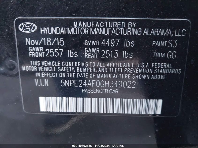 2016 Hyundai Sonata Se VIN: 5NPE24AF0GH349022 Lot: 40802186