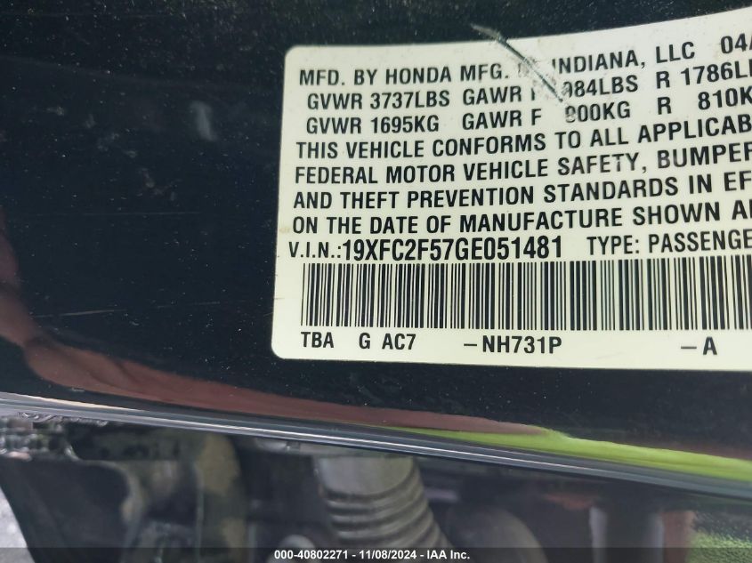 2016 Honda Civic Lx VIN: 19XFC2F57GE051481 Lot: 40802271