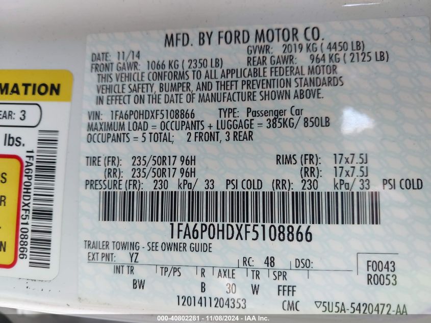 2015 Ford Fusion Se VIN: 1FA6P0HDXF5108866 Lot: 40802281