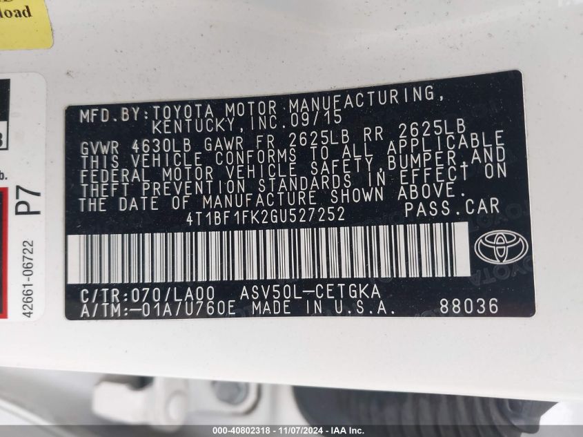 VIN 4T1BF1FK2GU527252 2016 Toyota Camry, Xle no.9