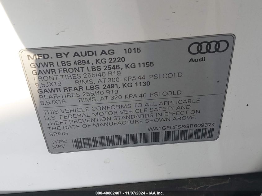 VIN WA1GFCFS8GR009374 2016 Audi Q3, 2.0T Premium Plus no.9