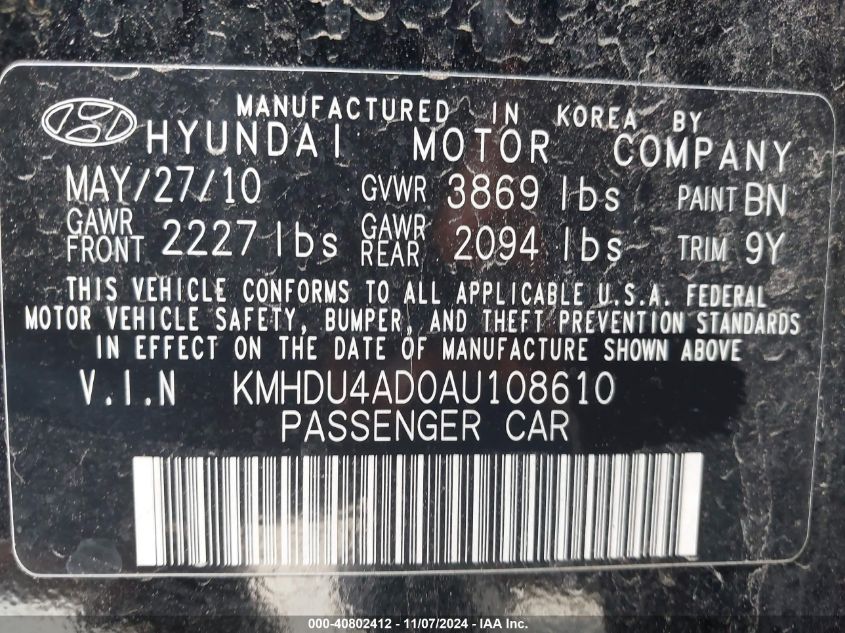 2010 Hyundai Elantra Blue VIN: KMHDU4AD0AU108610 Lot: 40802412