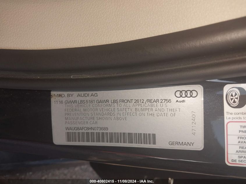 VIN WAUG8AFC8HN073689 2017 Audi A6, 2.0T Premium no.9