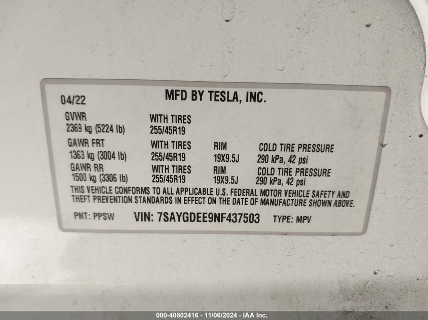 2022 TESLA MODEL Y(VIN: 7SAYGDEE9NF437503