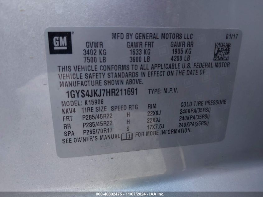 VIN 1GYS4JKJ7HR211691 2017 CADILLAC ESCALADE ESV no.9