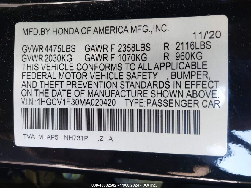 2021 Honda Accord Sport VIN: 1HGCV1F30MA020420 Lot: 40802502