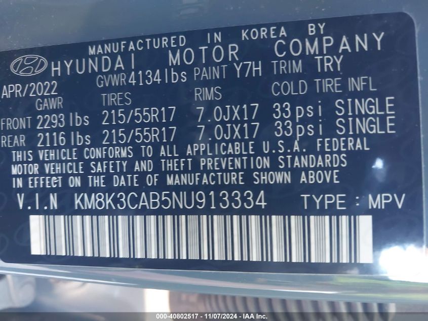 2022 Hyundai Kona Sel VIN: KM8K3CAB5NU913334 Lot: 40802517