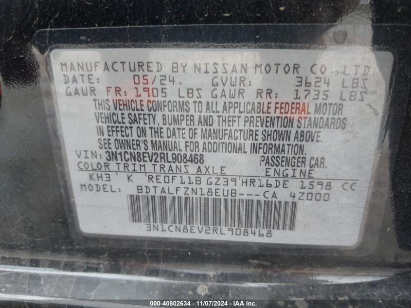 2024 Nissan Versa 1.6 Sv VIN: 3N1CN8EV2RL908468 Lot: 40802634