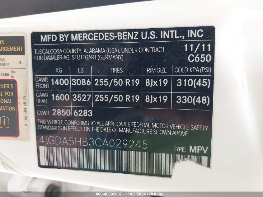 2012 Mercedes-Benz Ml 350 4Matic VIN: 4JGDA5HB3CA029245 Lot: 40802687