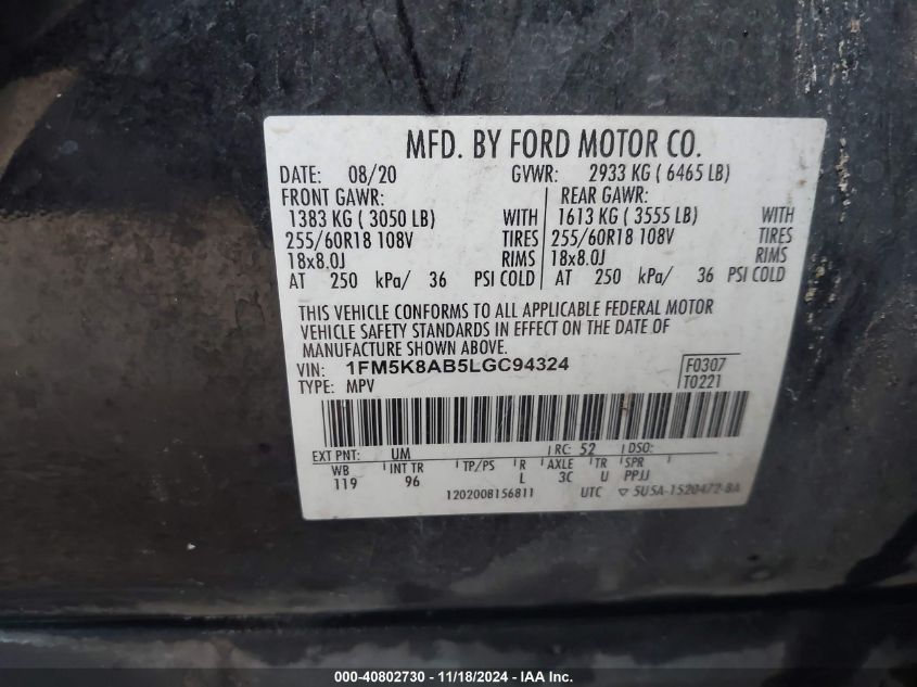 2020 Ford Explorer VIN: 1FM5K8AB5LGC94324 Lot: 40802730