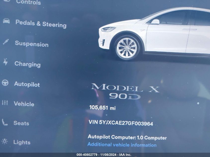 2016 Tesla Model X 60D/70D/75D/90D VIN: 5YJXCAE27GF003964 Lot: 40802779