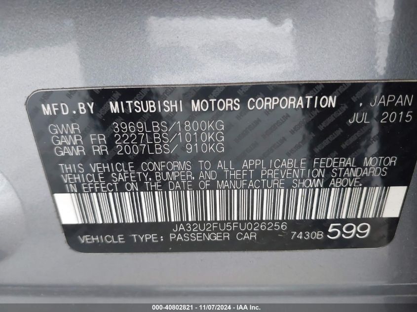 2015 Mitsubishi Lancer Es VIN: JA32U2FU5FU026256 Lot: 40802821