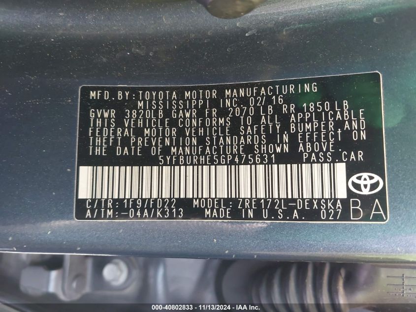 2016 Toyota Corolla S VIN: 5YFBURHE5GP475631 Lot: 40802833
