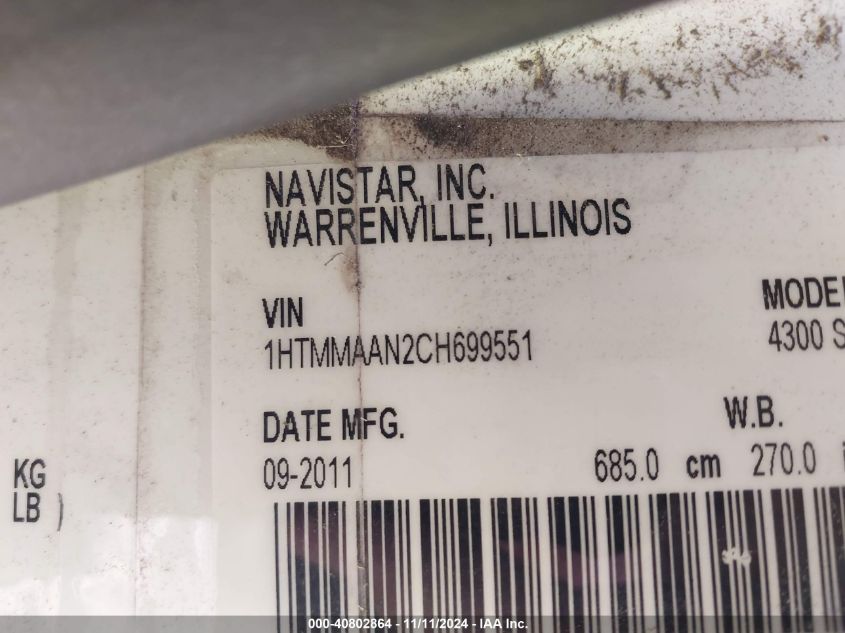 2012 International 4000 4300 VIN: 1HTMMAAN2CH699551 Lot: 40802864