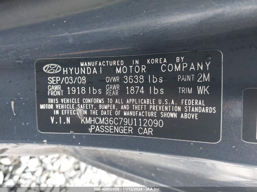 2009 Hyundai Accent Gs VIN: KMHCM36C79U112090 Lot: 40802939