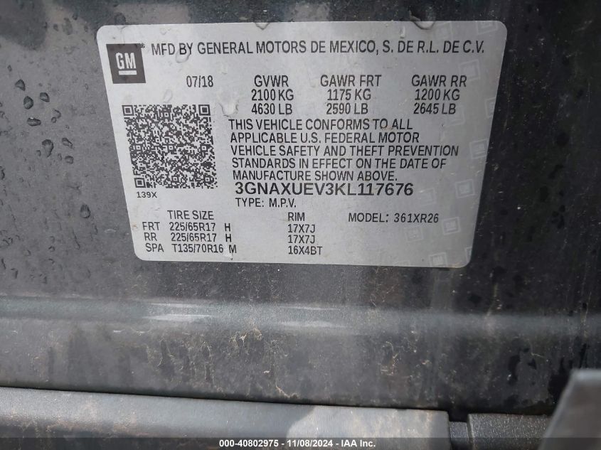 2019 CHEVROLET EQUINOX LT - 3GNAXUEV3KL117676