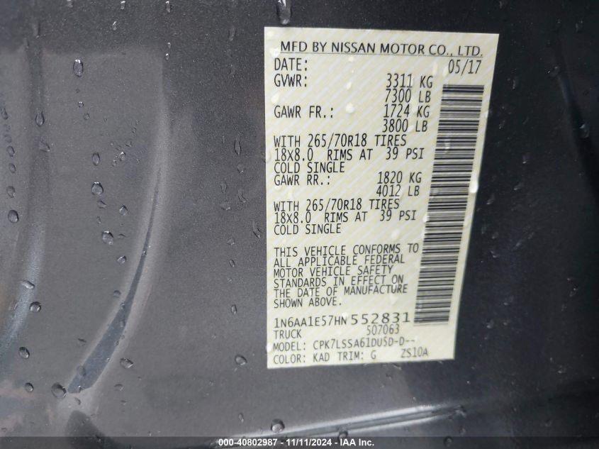 2017 NISSAN TITAN SV - 1N6AA1E57HN552831