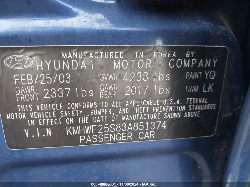 2003 Hyundai Sonata VIN: KMHWF25S83A851374 Lot: 40803031