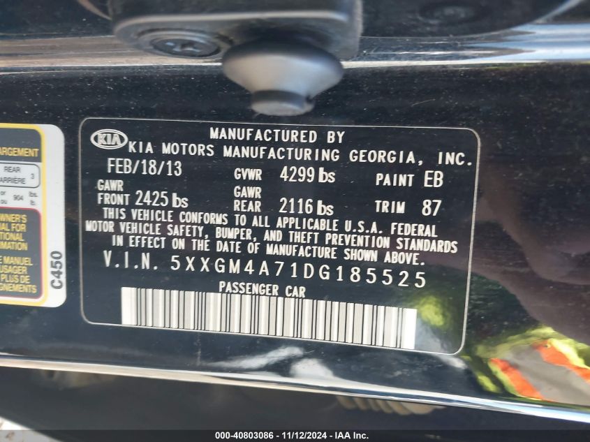 2013 Kia Optima Lx VIN: 5XXGM4A71DG185525 Lot: 40803086