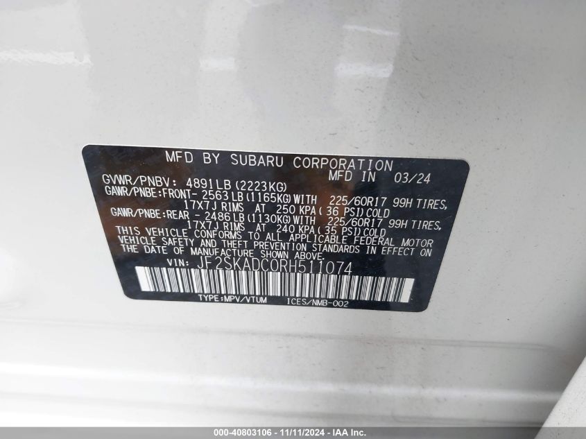 2024 Subaru Forester Premium VIN: JF2SKADC0RH511074 Lot: 40803106