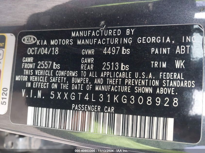 2019 Kia Optima Lx VIN: 5XXGT4L31KG308928 Lot: 40803305
