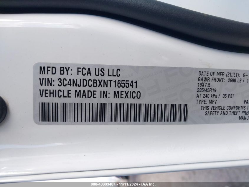 2022 Jeep Compass Limited 4X4 VIN: 3C4NJDCBXNT165541 Lot: 40803467