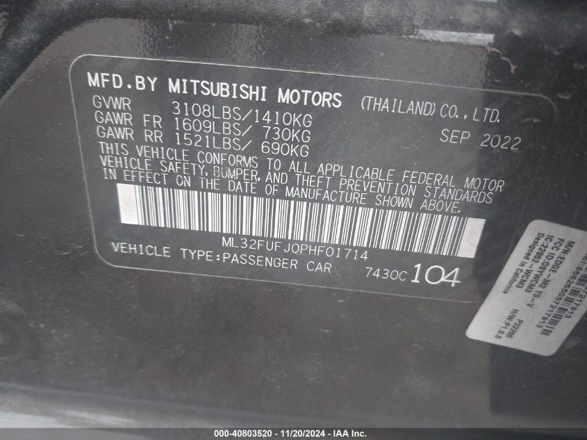 2023 Mitsubishi Mirage G4 Black Edition/Es/Le VIN: ML32FUFJ0PHF01714 Lot: 40803520