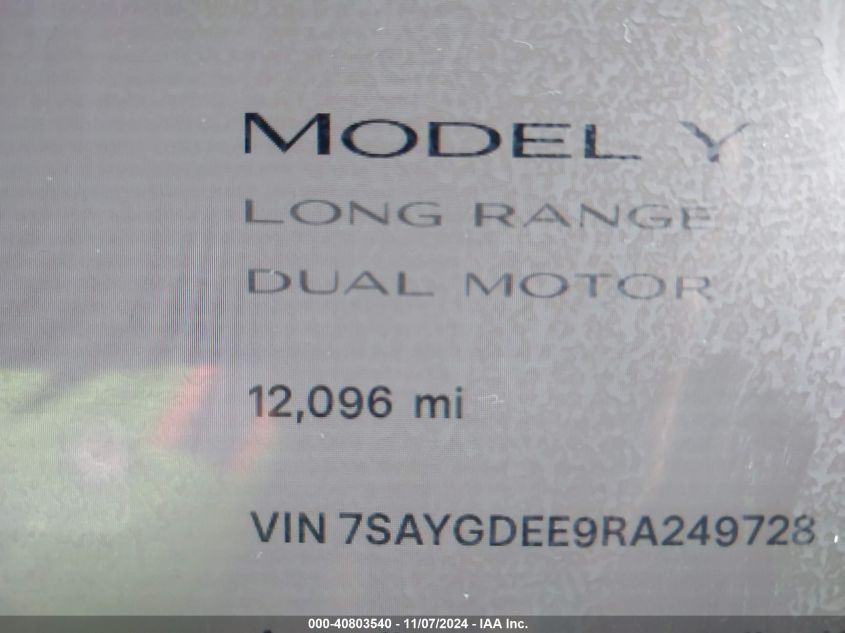 2024 Tesla Model Y Long Range Dual Motor All-Wheel Drive VIN: 7SAYGDEE9RA249728 Lot: 40803540