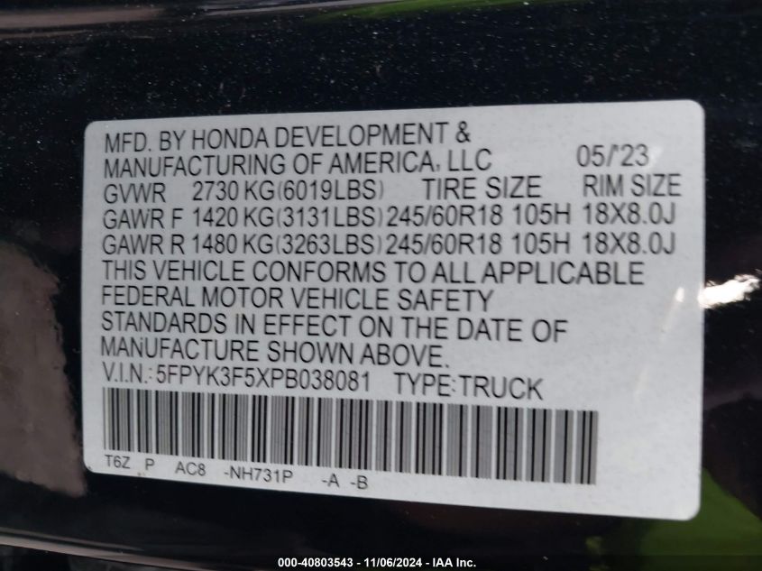 VIN 5FPYK3F5XPB038081 2023 HONDA RIDGELINE no.9