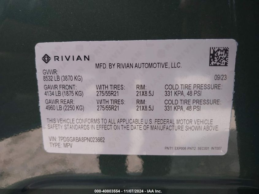 2023 Rivian R1S Adventure VIN: 7PDSGABA8PN023662 Lot: 40803554