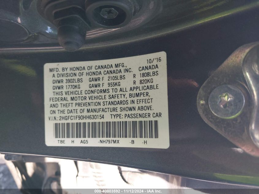 VIN 2HGFC1F90HH630154 2017 HONDA CIVIC TOURING