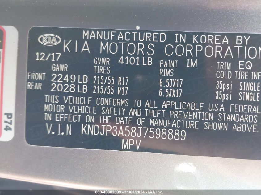 VIN KNDJP3A58J7598889 2018 KIA Soul, + no.9