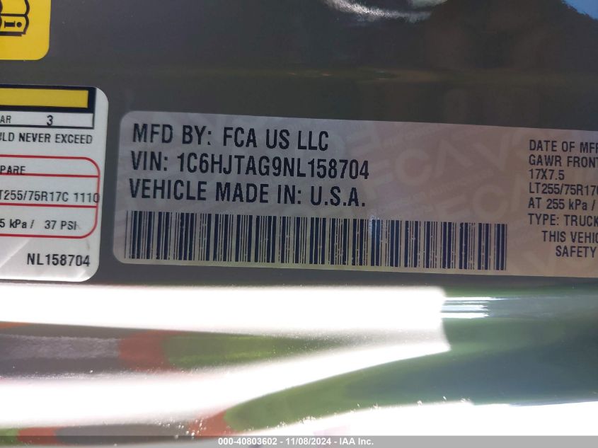 2022 Jeep Gladiator Willys 4X4 VIN: 1C6HJTAG9NL158704 Lot: 40803602