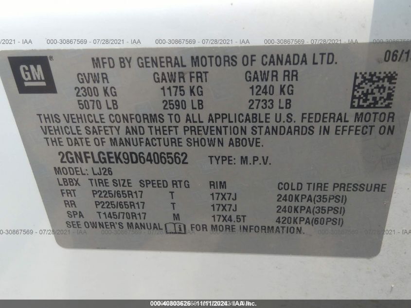 2013 CHEVROLET EQUINOX LTZ - 2GNFLGEK9D6406562