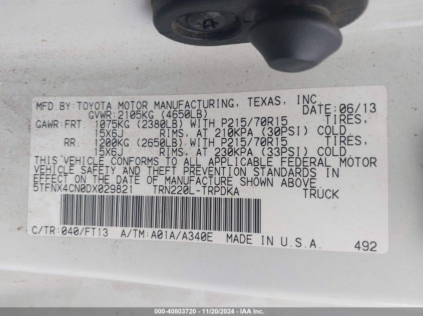 2013 Toyota Tacoma Base (A4) VIN: 5TFNX4CN0DX029821 Lot: 40803720