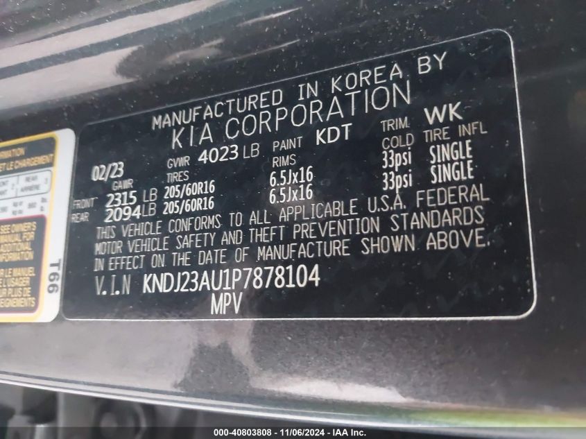 2023 Kia Soul Lx VIN: KNDJ23AU1P7878104 Lot: 40803808